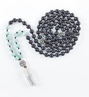mala beads, mala necklace, black agarwood, amazonite, pyrite, clear quartz